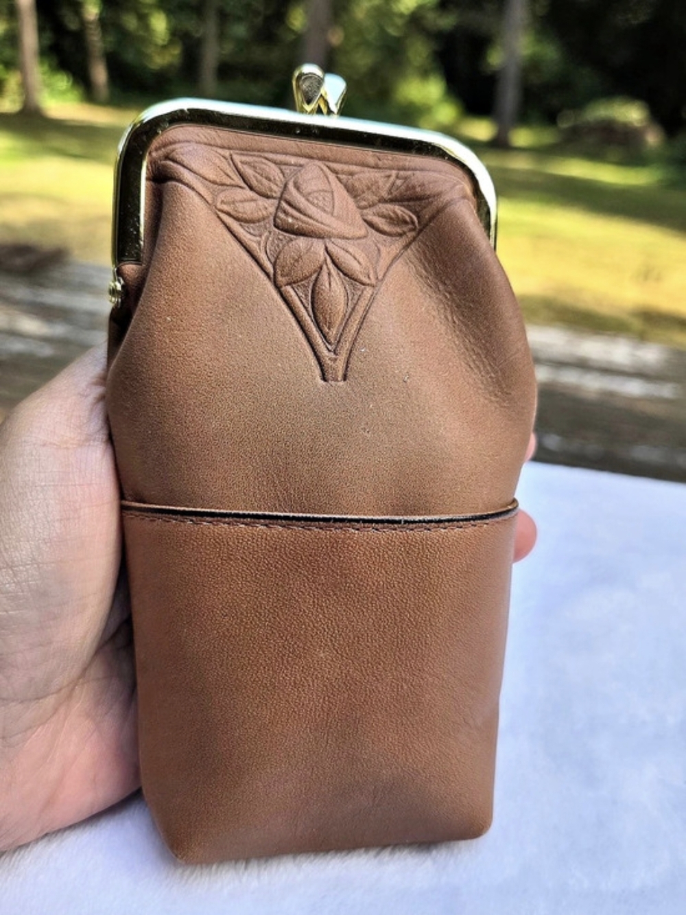 Rolfs Genuine Leather Coin/Cigarette Purse in Brown With Embossed Floral Design